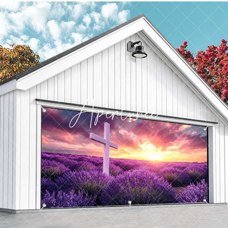 Aperturee - Aperturee Sunrise Purple Floral Cross Easter Garage Door Banner