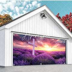 Aperturee - Aperturee Sunrise Purple Floral Cross Easter Garage Door Banner