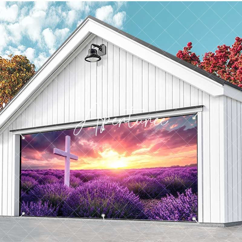 Aperturee - Aperturee Sunrise Purple Floral Cross Easter Garage Door Banner