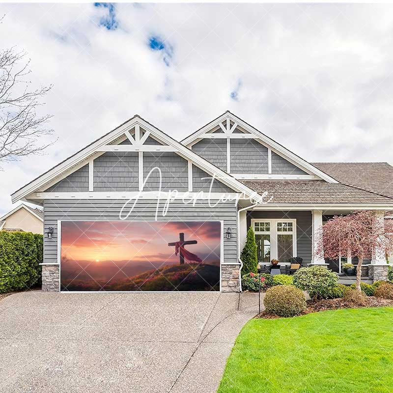 Aperturee - Aperturee Sunrise Sky Mountain Field Cross Garage Door Banner