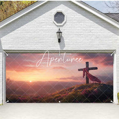 Aperturee - Aperturee Sunrise Sky Mountain Field Cross Garage Door Banner