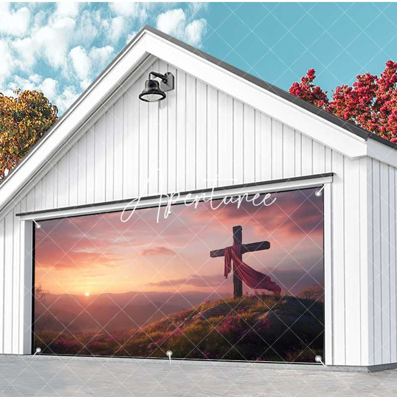 Aperturee - Aperturee Sunrise Sky Mountain Field Cross Garage Door Banner