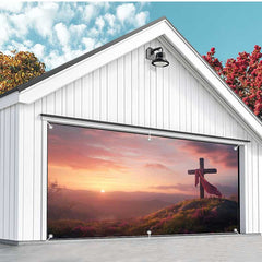 Aperturee - Aperturee Sunrise Sky Mountain Field Cross Garage Door Banner