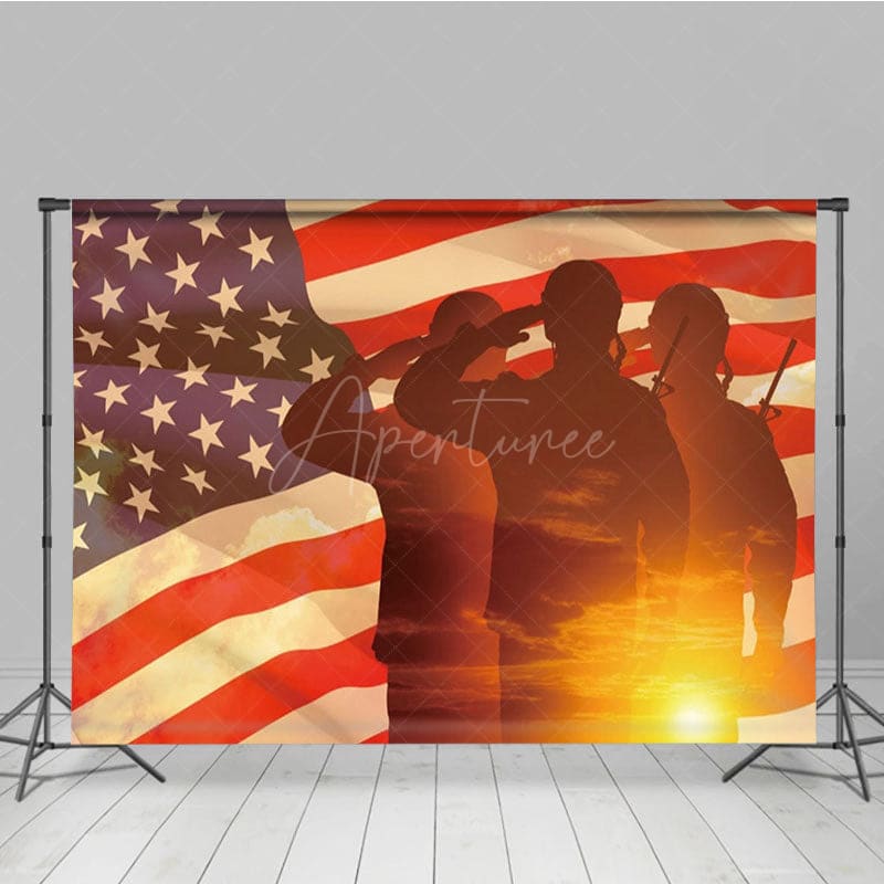 Aperturee - Aperturee Sunset Flag Saluting Soldier Armed Forces Day Backdrop