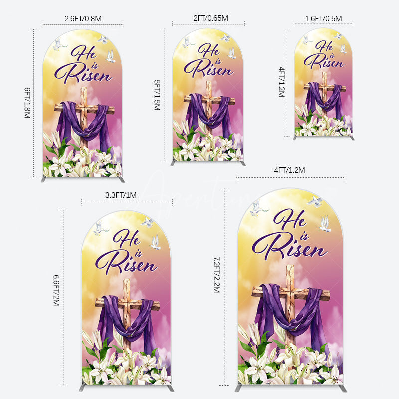 Aperturee - Aperturee Sunset Floral Cross He Is Risen Easter Arch Backdrop