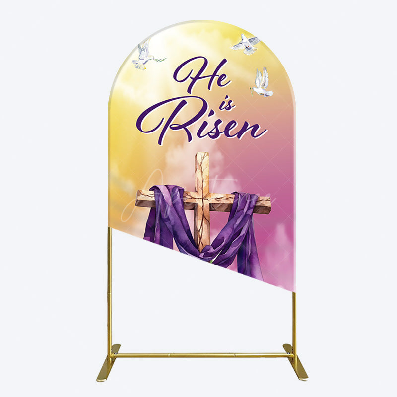 Aperturee - Aperturee Sunset Floral Cross He Is Risen Easter Arch Backdrop