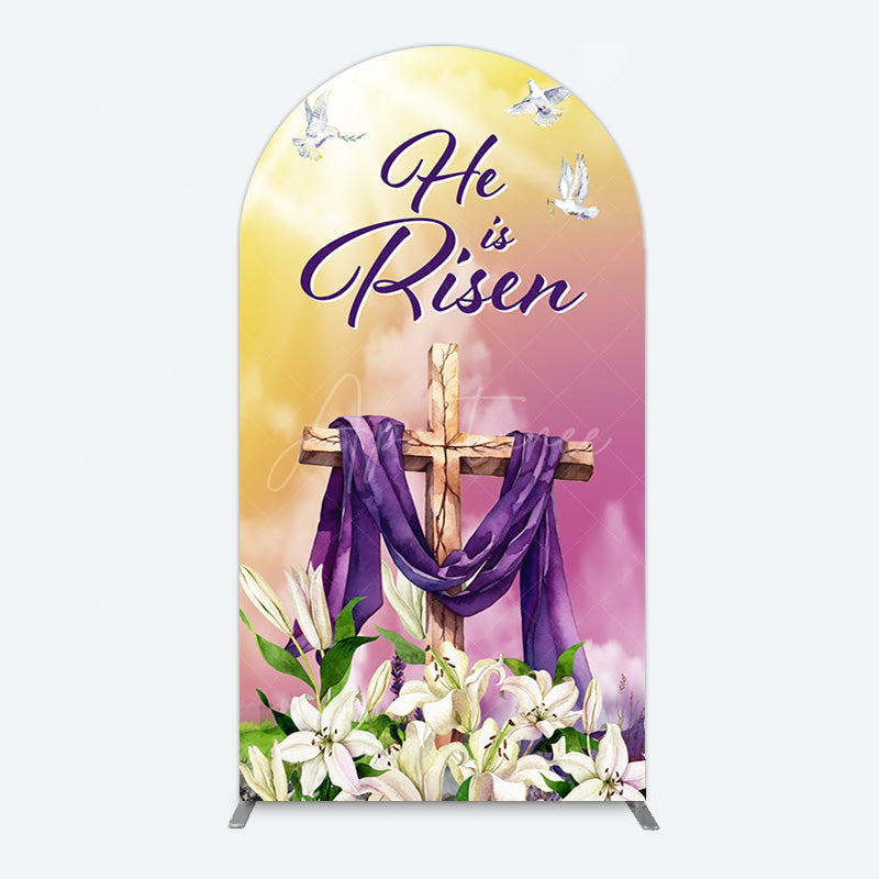 Aperturee - Aperturee Sunset Floral Cross He Is Risen Easter Arch Backdrop