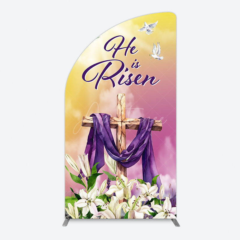 Aperturee - Aperturee Sunset Floral Cross He Is Risen Easter Half Moon Arch Backdrop