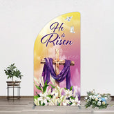 Aperturee - Aperturee Sunset Floral Cross He Is Risen Easter Half Moon Arch Backdrop
