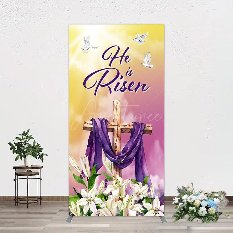 Aperturee - Aperturee Sunset Floral Cross He Is Risen Easter Rectangle Backdrop