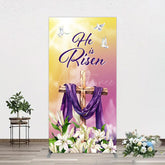 Aperturee - Aperturee Sunset Floral Cross He Is Risen Easter Rectangle Backdrop