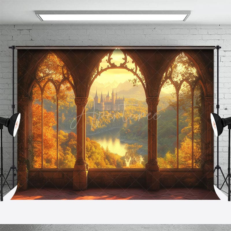 Aperturee - Aperturee Sunset Forest Castle Window View Photography Backdrop