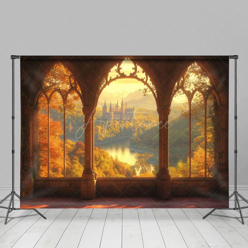 Aperturee - Aperturee Sunset Forest Castle Window View Photography Backdrop