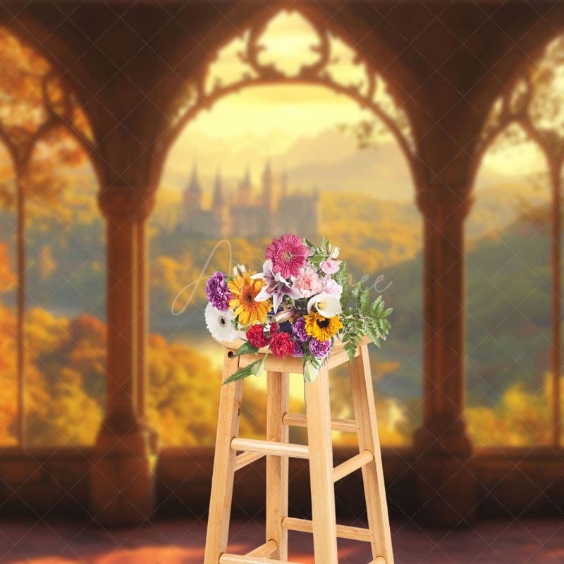 Aperturee - Aperturee Sunset Forest Castle Window View Photography Backdrop