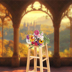 Aperturee - Aperturee Sunset Forest Castle Window View Photography Backdrop