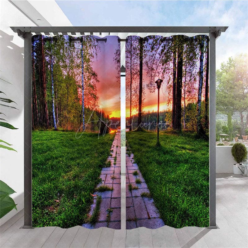 Aperturee - Aperturee Sunset Forest Scenery Waterproof Outdoor Curtains For Porch