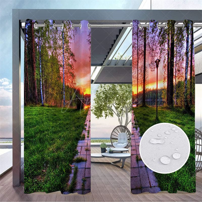 Aperturee - Aperturee Sunset Forest Scenery Waterproof Outdoor Curtains For Porch