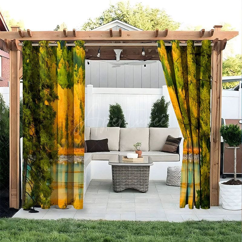 Aperturee - Aperturee Sunset Lake Fall Waterproof Printed Outdoor Curtains