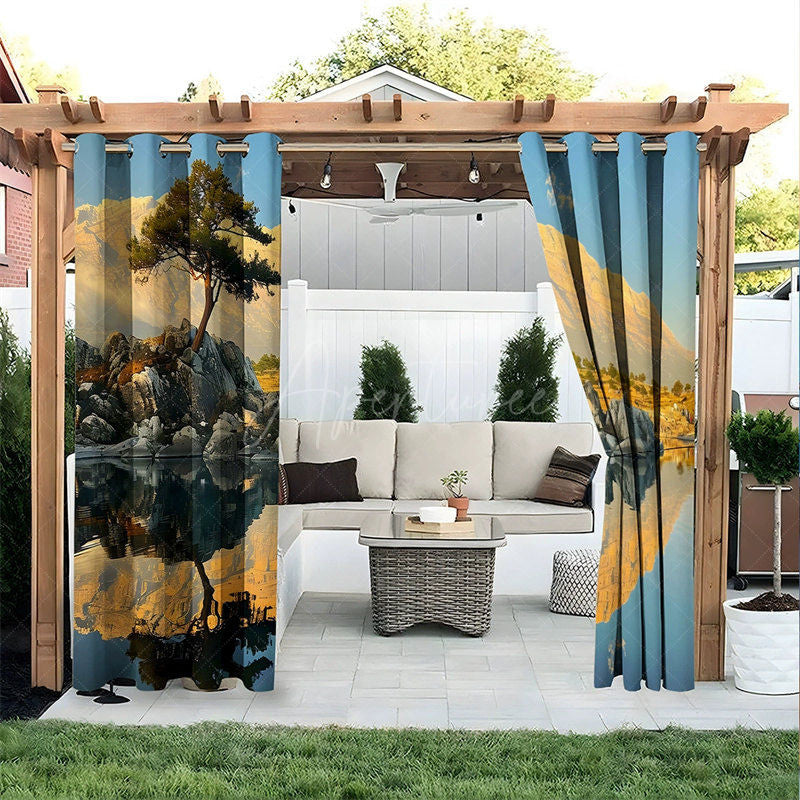Aperturee - Aperturee Sunset Lake View Waterproof Printed Outdoor Curtains
