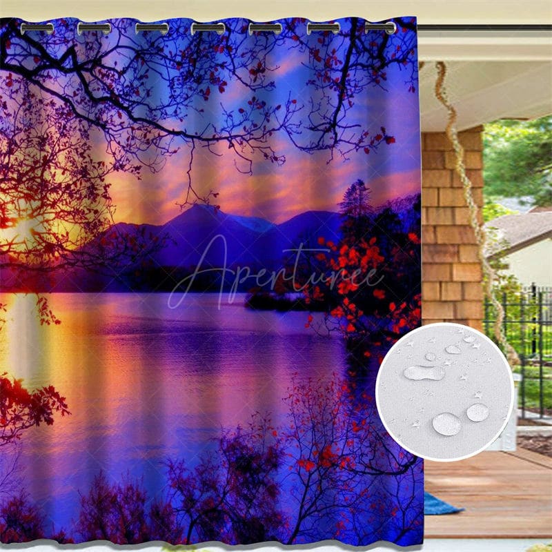 Aperturee - Aperturee Sunset Lake Waterproof Landscape Outdoor Curtains For Gazebo
