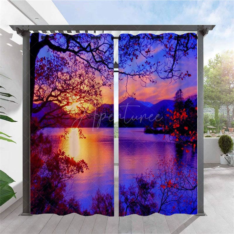 Aperturee - Aperturee Sunset Lake Waterproof Landscape Outdoor Curtains For Gazebo