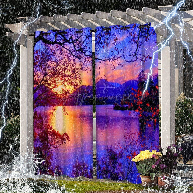Aperturee - Aperturee Sunset Lake Waterproof Landscape Outdoor Curtains For Gazebo