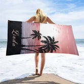 Aperturee - Aperturee Sunset Palm Trees Beach Custom Name Beach Towel