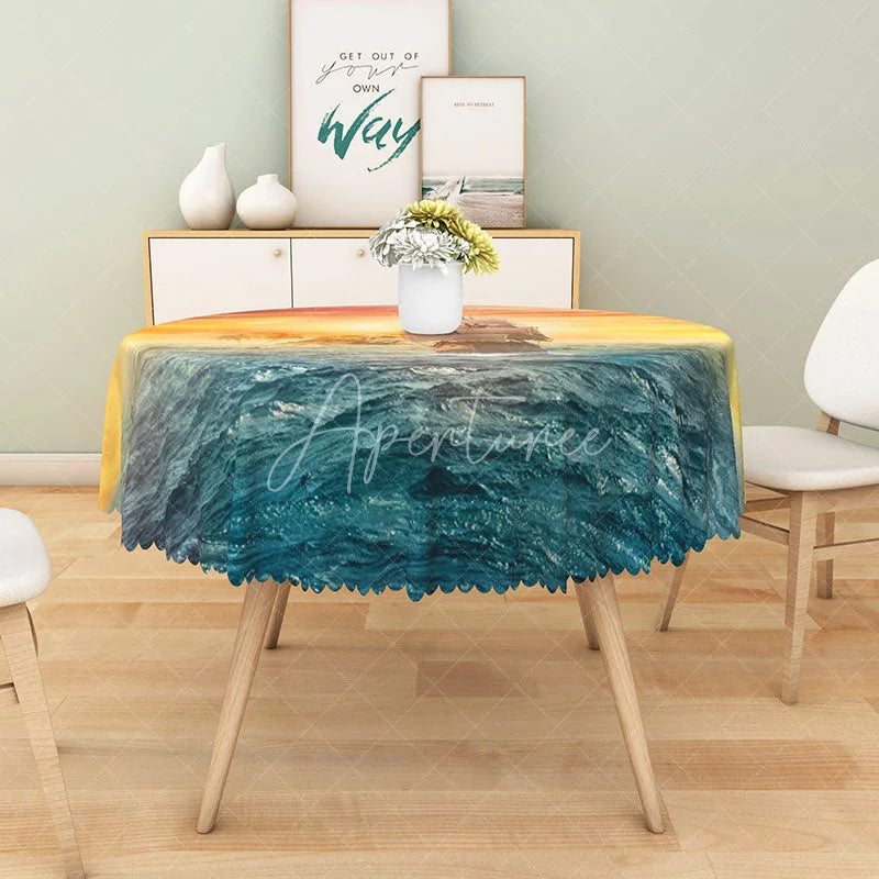 Aperturee - Aperturee Sunset Sea Monster and Boat Round Tablecloth for Mythical Kraken and Nautical Themed Decor