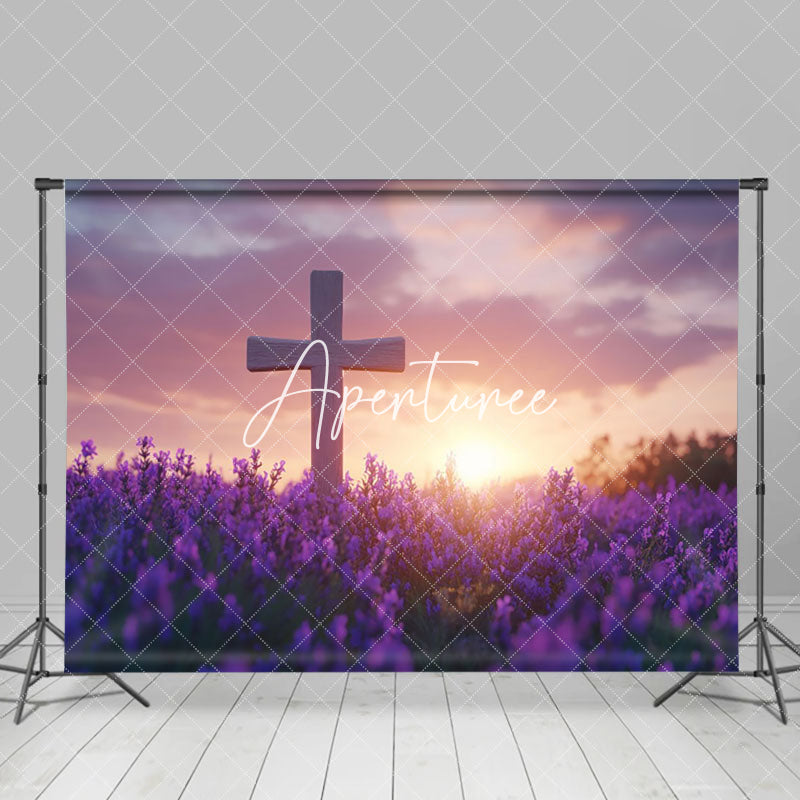 Aperturee - Aperturee Sunset Sky Cross Purple Floral Field Easter Backdrop