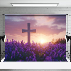 Aperturee - Aperturee Sunset Sky Cross Purple Floral Field Easter Backdrop
