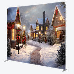 Aperturee - Aperturee Sunset Snowy Town Street Christmas Tension Backdrop