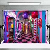 Aperturee - Aperturee Surreal Candy Hallway Fine Art Backdrop Checkered Floor and Sweet Lollipops Photography Studio Background