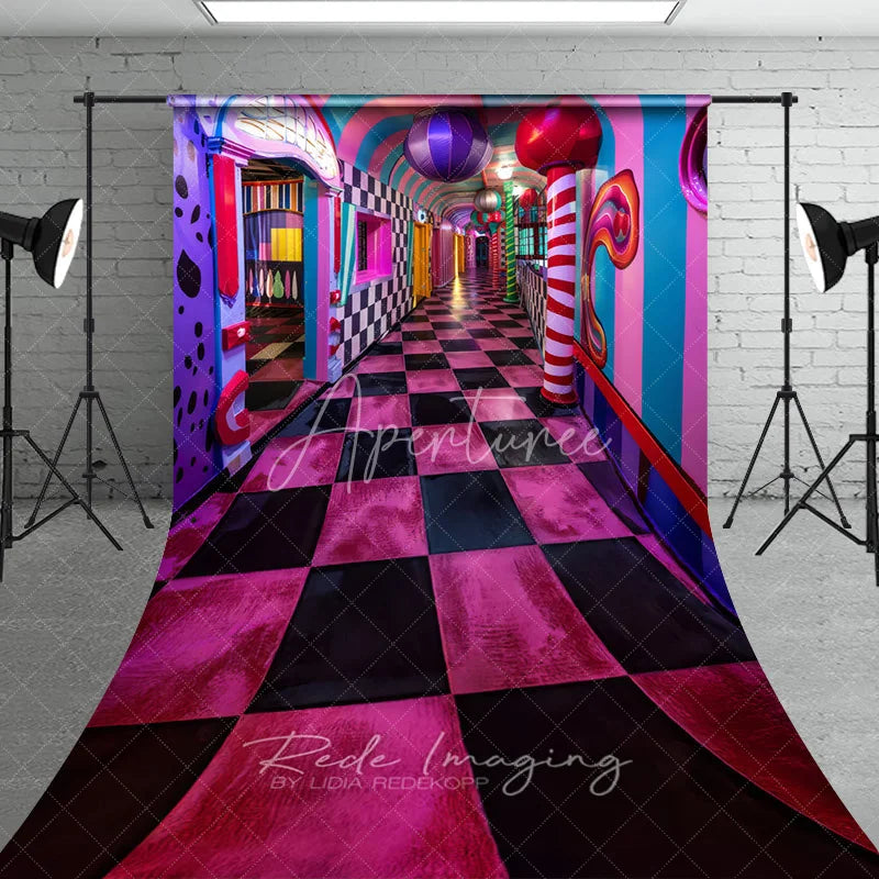 Aperturee - Aperturee Surreal Candy Hallway Fine Art Photography Backdrop Pink Checkered Floor Sweep Portrait Studio Background