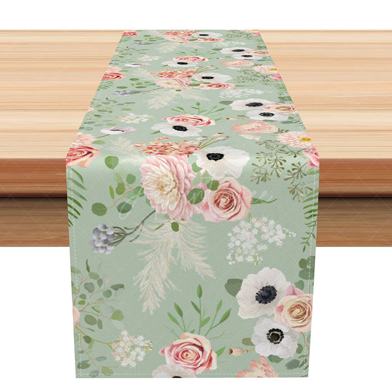 Aperturee - Aperturee Sweet Boho Floral and Leaves Table Runner Fine Art Botanical Design Fresh Autumn Kitchen or Dining Room Decor