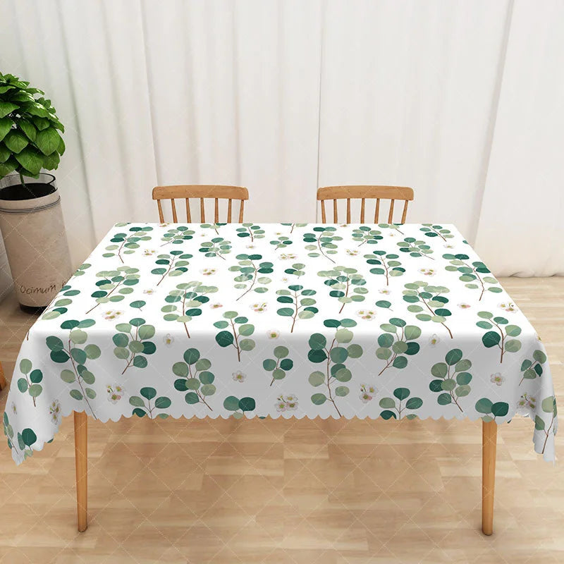 Aperturee - Aperturee Sweet Boho Rectangle Tablecloth with Green Round Leaves for Botanical and Modern Farmhouse Kitchen Decor