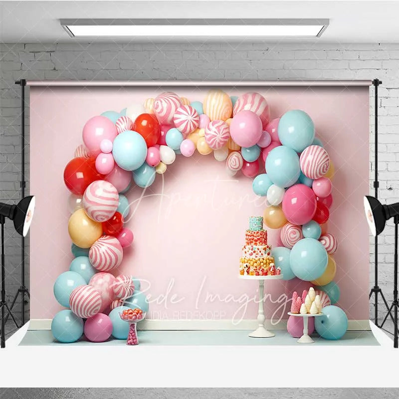 Aperturee - Aperturee Sweet Candy Balloon Arch Cake Smash Photography Backdrop Pastel Lollipop Party Background