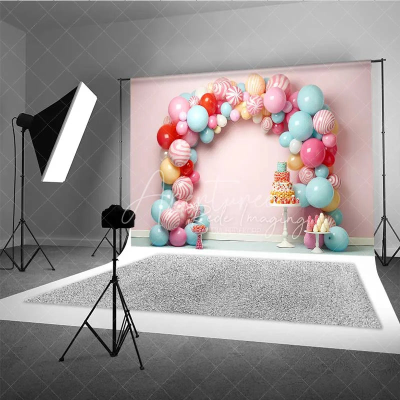 Aperturee - Aperturee Sweet Candy Balloon Arch Cake Smash Photography Backdrop Pastel Lollipop Party Background