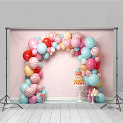 Aperturee - Aperturee Sweet Candy Balloon Arch Cake Smash Photography Backdrop Pastel Lollipop Party Background