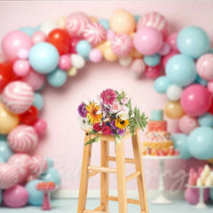 Aperturee - Aperturee Sweet Candy Balloon Arch Cake Smash Photography Backdrop Pastel Lollipop Party Background
