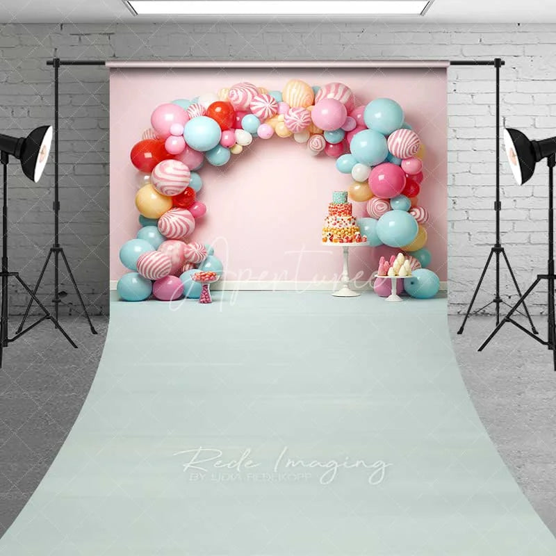 Aperturee - Aperturee Sweet Candy Balloon Arch Cake Smash Sweep Photography Backdrop Pastel Lollipop Party Blue Floor Photo Prop