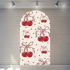Aperturee - Aperturee Sweet Cherry and Pink Bows Baby Shower Arch Backdrop Heart Pattern Girl Birthday Party Decoration