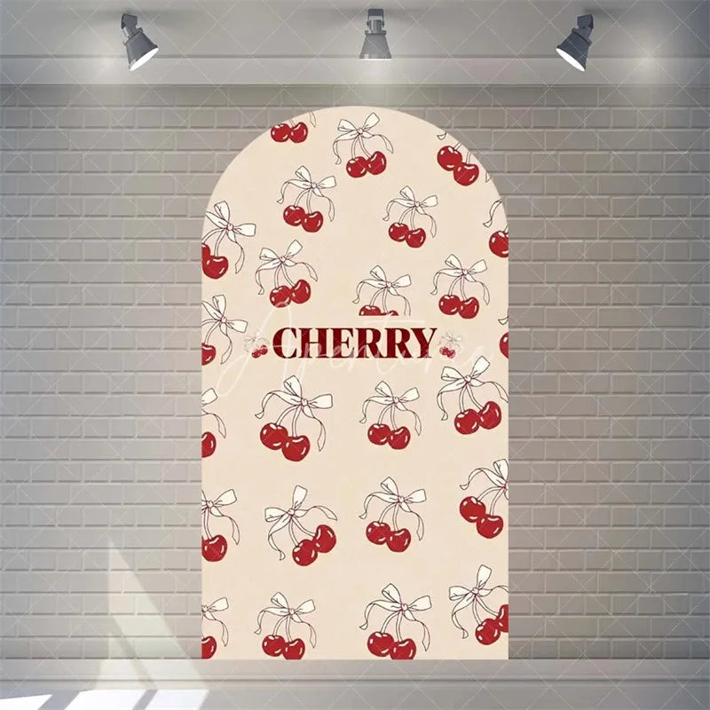 Aperturee - Aperturee Sweet Cherry and Pink Bows Baby Shower Arch Backdrop Heart Pattern Girl Birthday Party Decoration