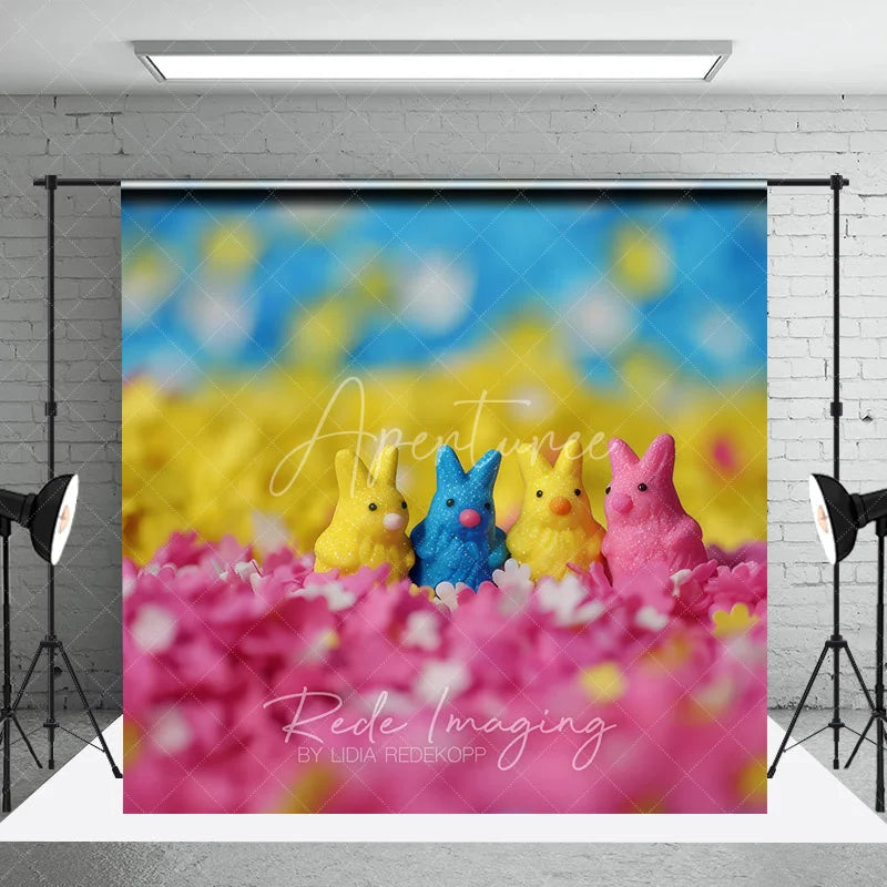 Aperturee - Aperturee Sweet Colorful Bunny Candies Easter Photography Backdrop Pink Floral Sprinkles Dreamy Studio Background