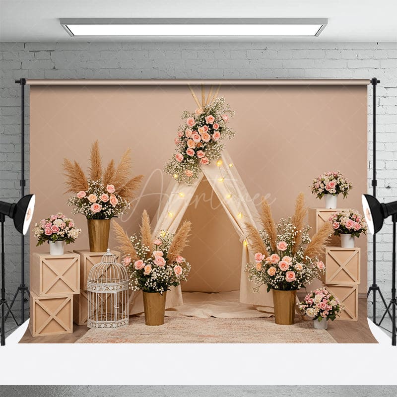Aperturee - Aperturee Sweet Floral Boho Nude Wall Sweet Wedding Backdrop
