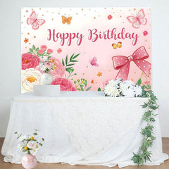 Aperturee - Aperturee Sweet Floral Butterfly Bows Happy Birthday Backdrop