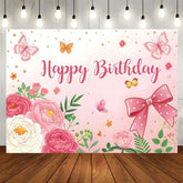 Aperturee - Aperturee Sweet Floral Butterfly Bows Happy Birthday Backdrop