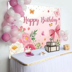 Aperturee - Aperturee Sweet Floral Butterfly Bows Happy Birthday Backdrop