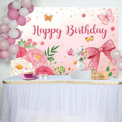Aperturee - Aperturee Sweet Floral Butterfly Bows Happy Birthday Backdrop