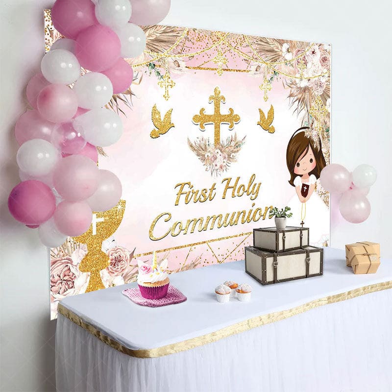 Aperturee - Aperturee Sweet Floral Doves First Holy Communion Backdrop