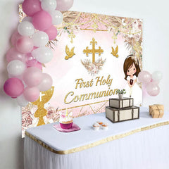Aperturee - Aperturee Sweet Floral Doves First Holy Communion Backdrop